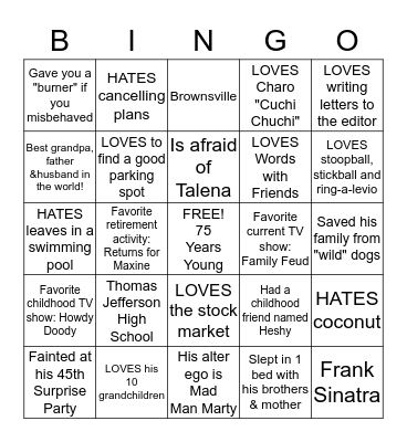 Grandpa Marty's 75th Birthday Bingo Card