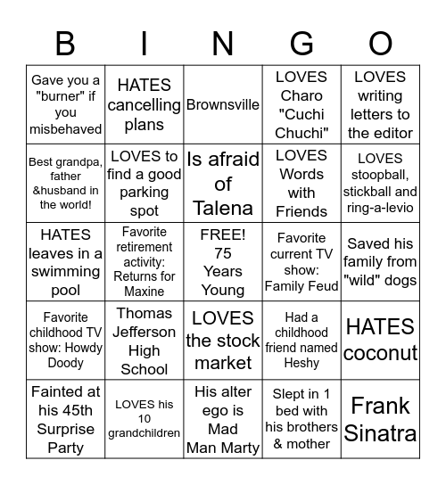 Grandpa Marty's 75th Birthday Bingo Card