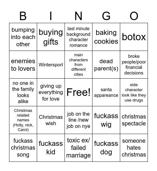 Hallmark christmas movie Bingo Card