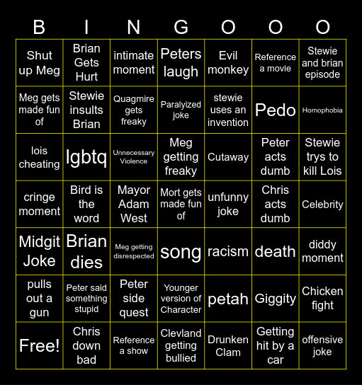 Family Guy Bingo Card