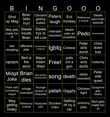 Family Guy Bingo Card