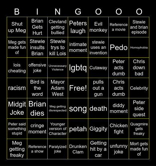 Family Guy Bingo Card