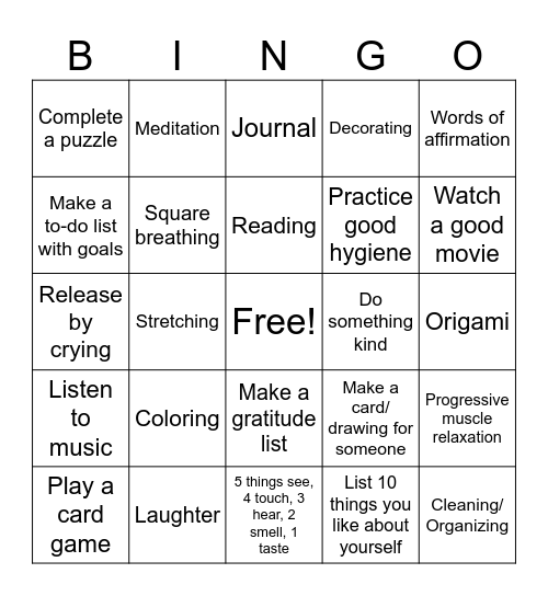 Coping Skill Bingo Card