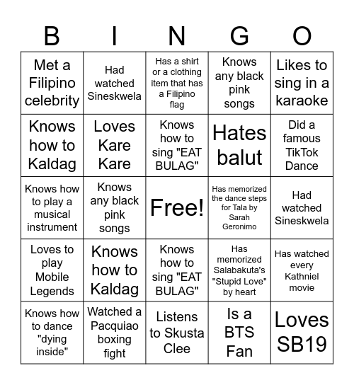 Ultimate Filipino Human Bingo Card