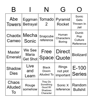 Sonic 3 Bingo Card