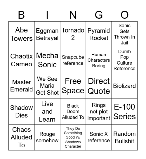 Sonic 3 Bingo Card