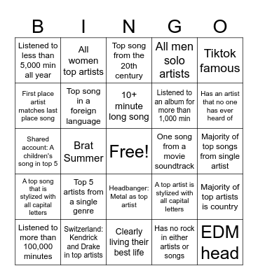 Year-End Music Bingo Card