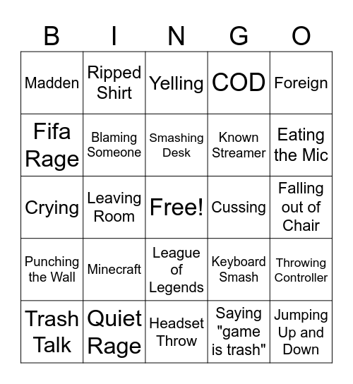 Gamer Rage Bingo Card
