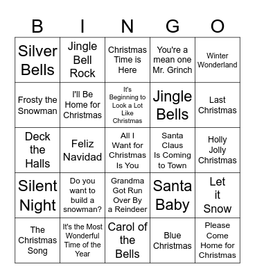 Holiday Song Bingo Card