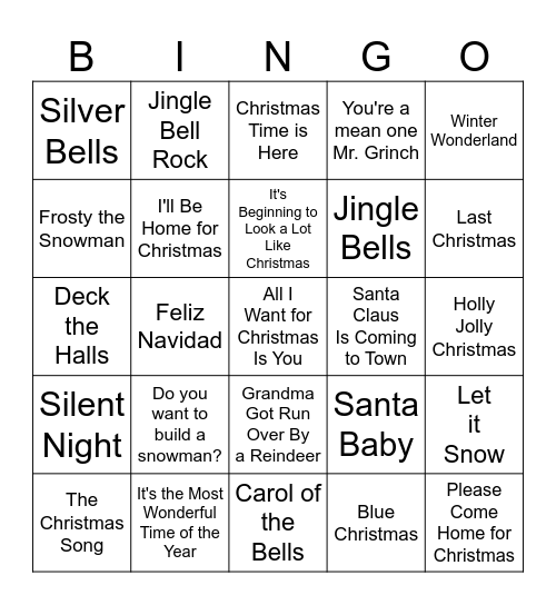 Holiday Song Bingo Card