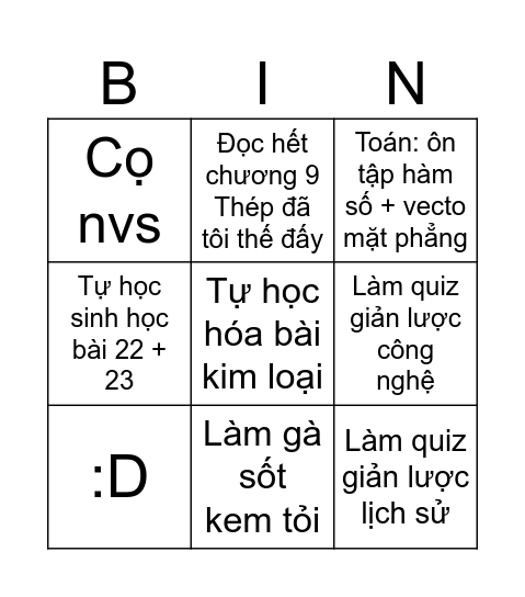 20/12 - 22/12 Bingo Card