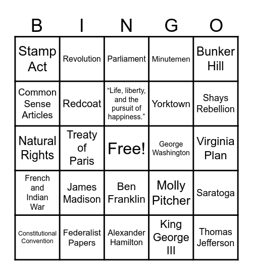 History Bingo Card