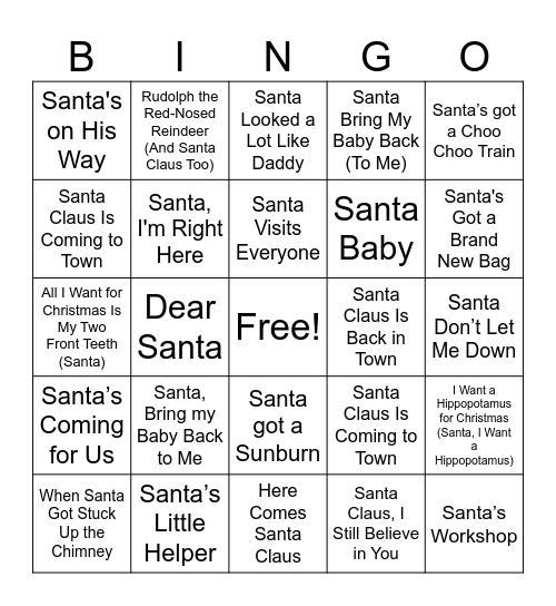 Songs that Have "SANTA" in the Title Bingo Card