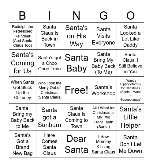 Songs that Have "SANTA" in the Title Bingo Card