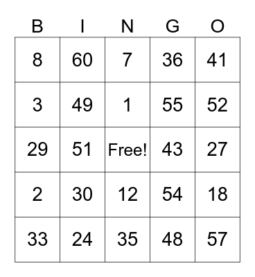 Number Bingo! Bingo Card