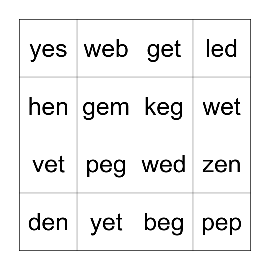 CVC short e Bingo Card