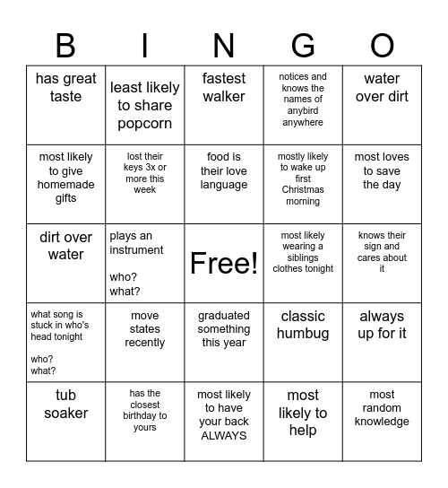 First Stop Bingo Card