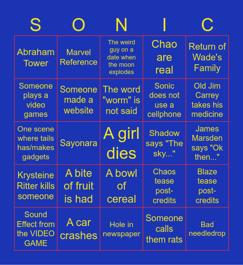 Sonic's 3 Film Bingo Card