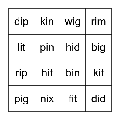 CVC short i Bingo Card