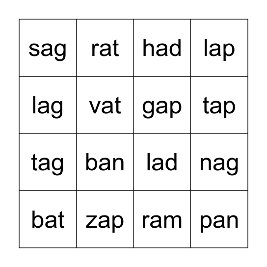 CVC short a Bingo Card