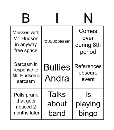 Hannah and Olivia BIN Bingo Card