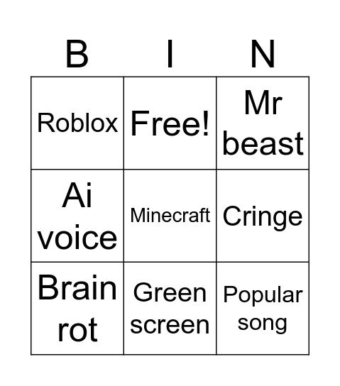 YouTube shorts bingo Card