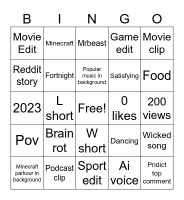 YouTube shorts bingo Card