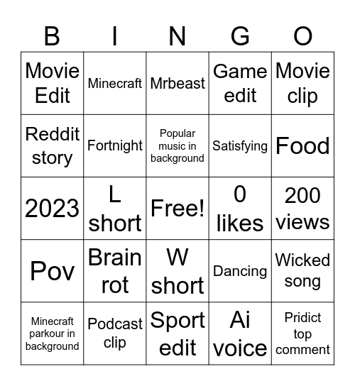 YouTube shorts bingo Card