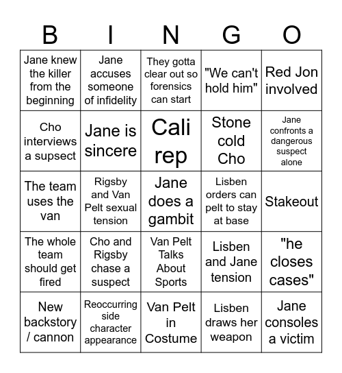 Mentalist Bingo Card