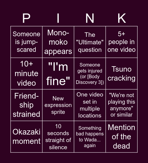 Tetro Danganronpa PINK BINGO - DAY 20 Bingo Card