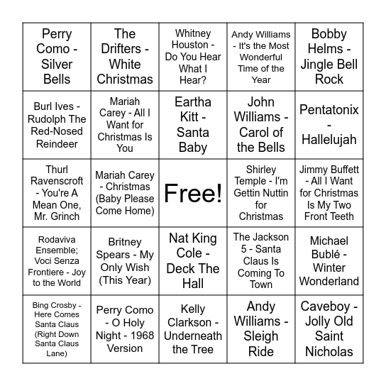 Christmas song bingo Card