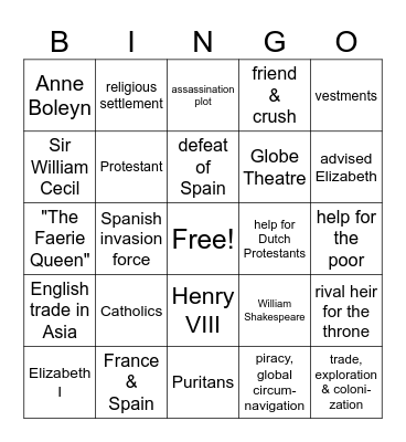 Elizabeth I Bingo Card