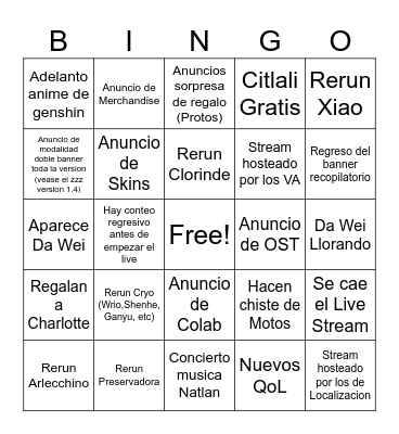 Genshin LiveStream 5.3 Bingo Card