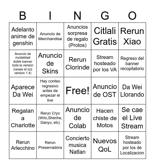 Genshin LiveStream 5.3 Bingo Card