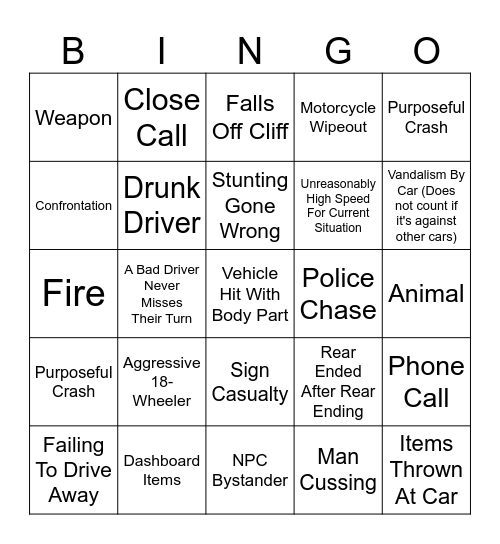 Idiots In Cars Bingo Card