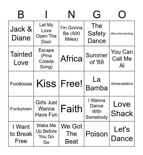 80s Pop Bingo Card