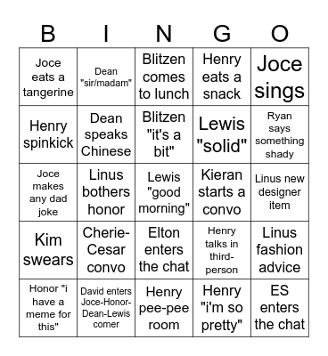 The EH Office Menu Bingo Card