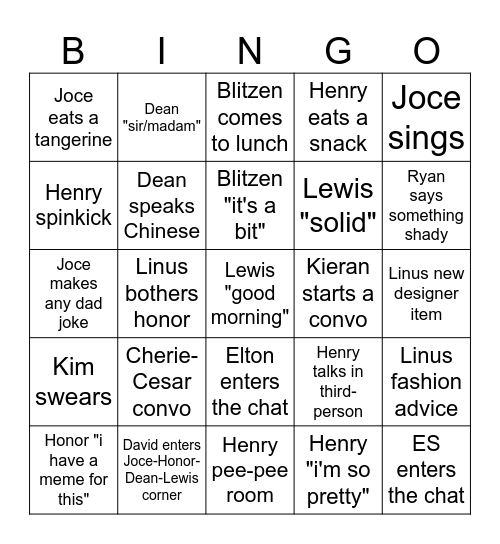 The EH Office Menu Bingo Card