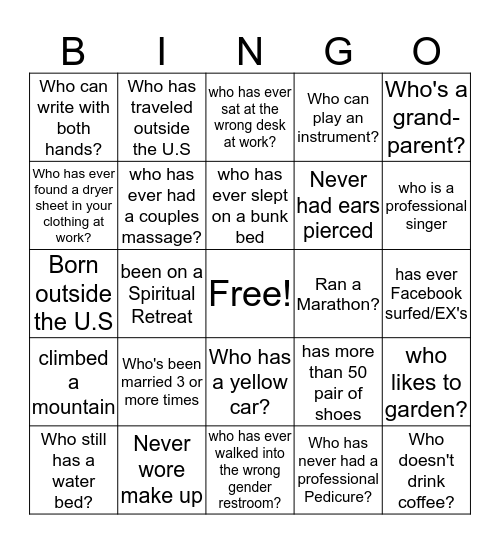 Get to know your Co-workers Better Bingo Card
