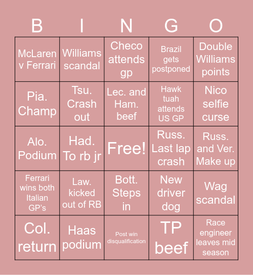 F1 Bingo Card