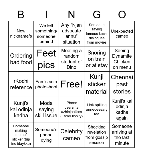 Kochi Trip 2024 Bingo Card