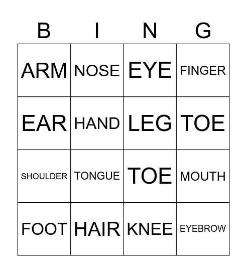 BODY PARTS Bingo Card