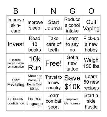 2025 New Year's Resolution Bingo Card