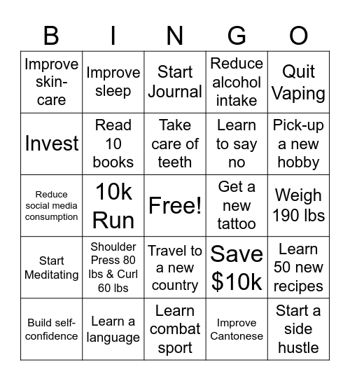 2025 New Year's Resolution Bingo Card