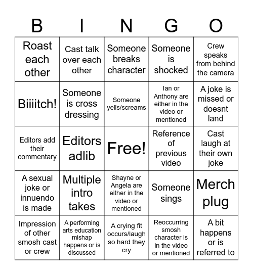 Universal Smosh Video Bingo Card