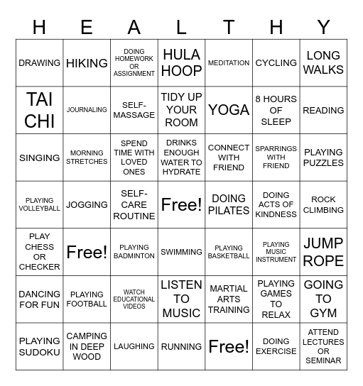 Healthy Life Bingo Card