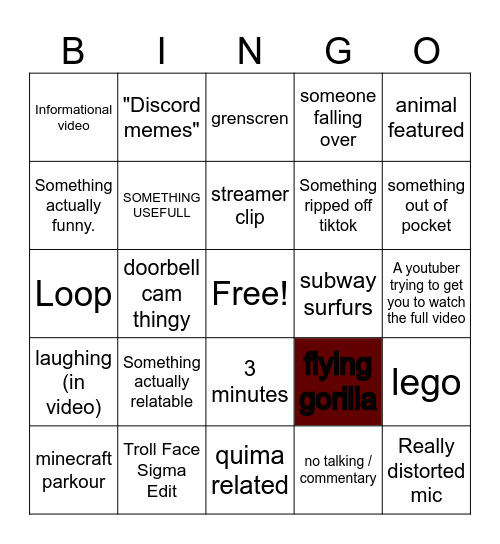 YOUTUBE Bingo Card