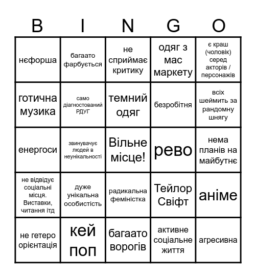 edgy жінка бінґо Bingo Card