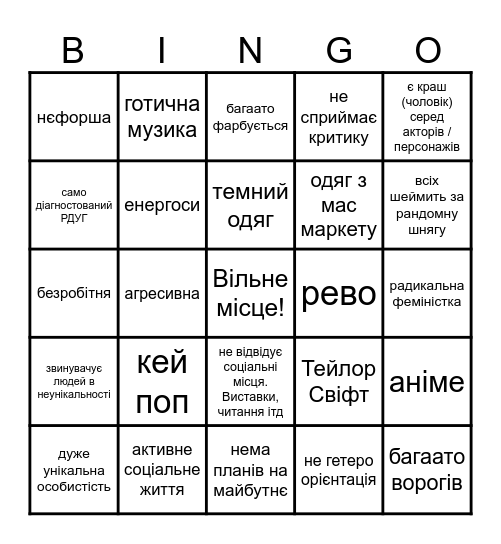 edgy жінка бінґо Bingo Card