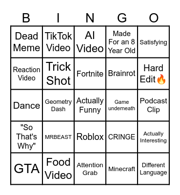 YouTube Shorts Bingo Card